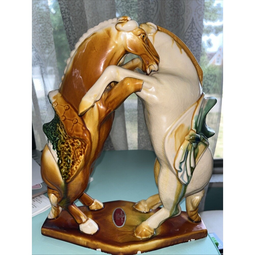Vtg. Double Horse Tang Sancai China 1950-1970 11 Inches Tall Chips 2 Hoofs Gone
